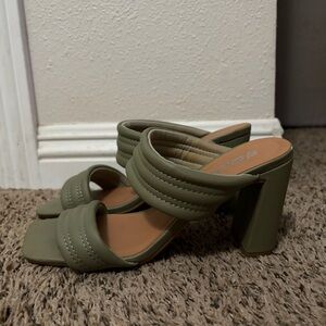 Soda Olive Green Padded Double-Strap Block Heel Mules